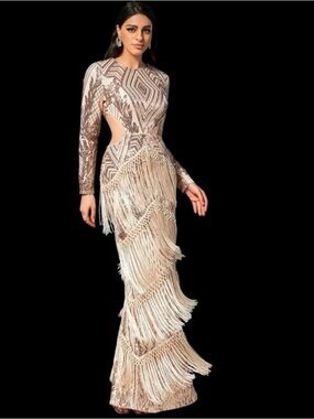 This Dress!! Geometric Gold Sequin & Fringe Cut Out Waist Formal New Size XS